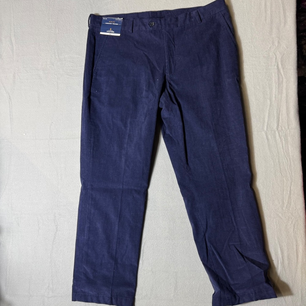Stafford Slim Fit Corduroy Trouser Pants Bold Navy‎ Flat Front Pants 38x29